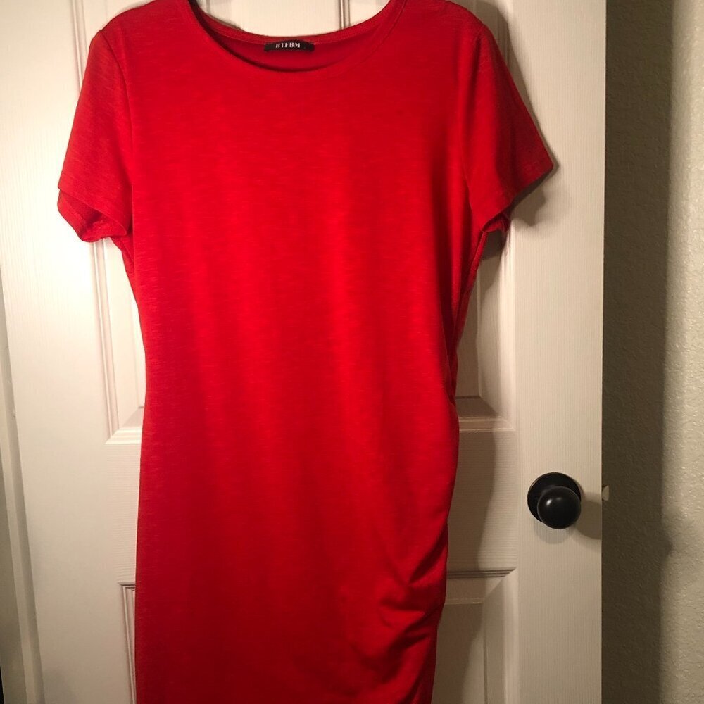 BTFBM Red T-shirt Dress Crew Neck Cinched Side Short Sleeve Lined Size Large